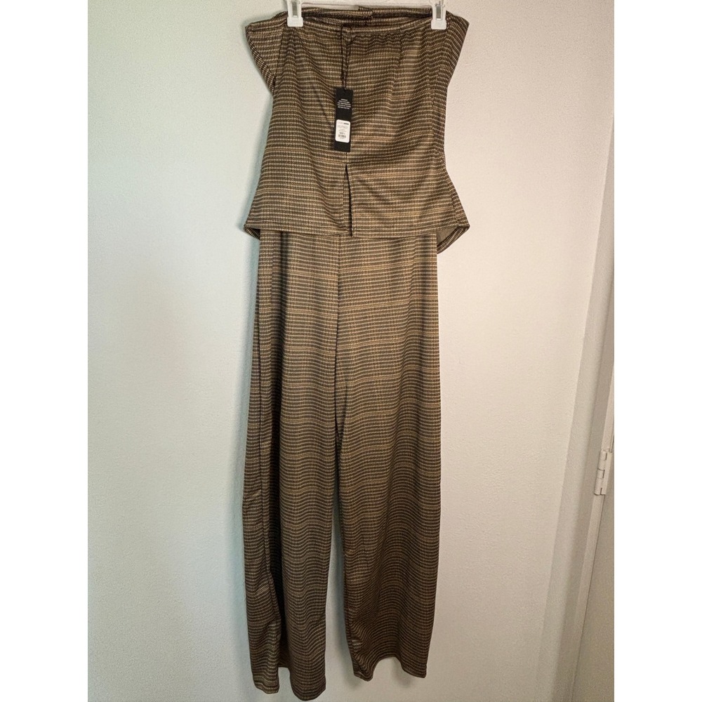 Fashion Nova Cherylee Button Up Plaid Jumpsuit Brown Combo Wide Leg Size L NWT